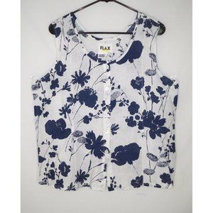 FLAX M  Sleeveless Button-up Tank Top Linen Floral